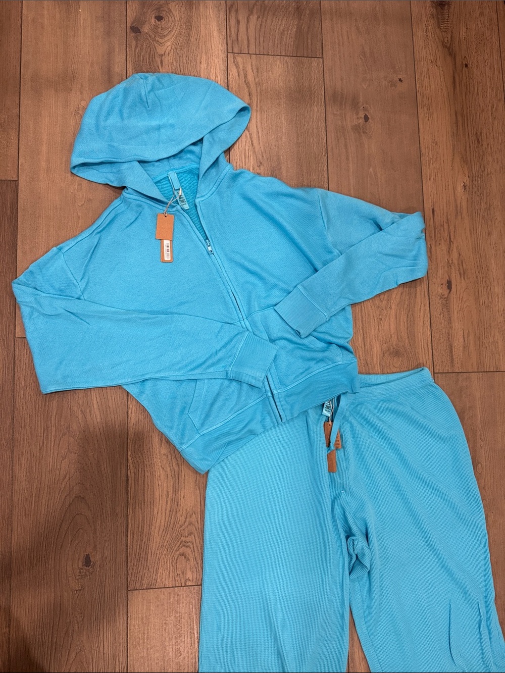 NEW Skims Terry Lightweight Zip Up Hoodie & Waffle Straight Leg Pant Cyan Small - Picture 2 of 4